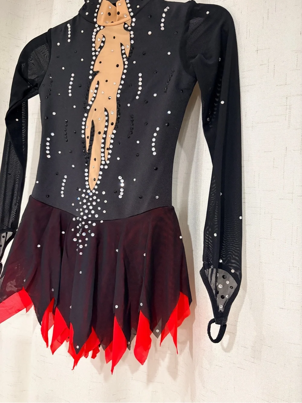 Black and Red Figure Skating Dress with Nude Appliqué and Rhinestones